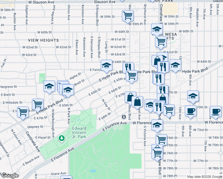 map of restaurants, bars, coffee shops, grocery stores, and more near 1043 East 66th Street in Inglewood