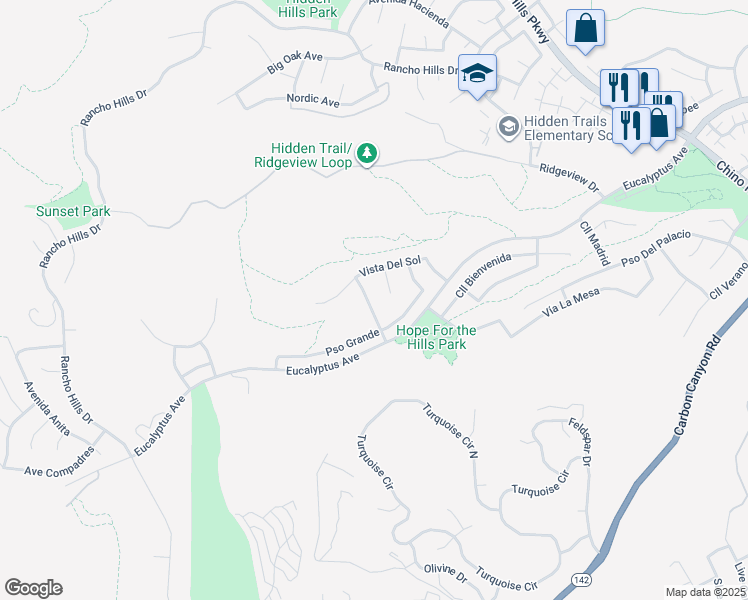 map of restaurants, bars, coffee shops, grocery stores, and more near 15115 Calle Barcelona in Chino Hills