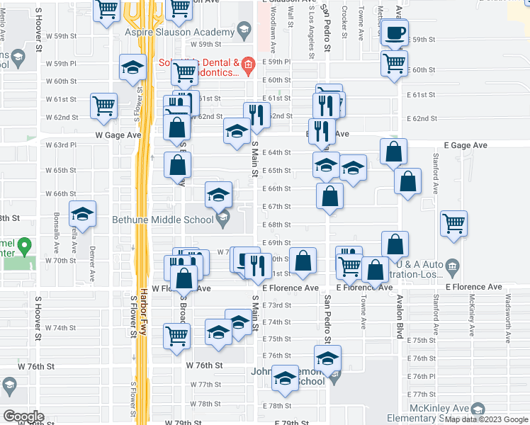 map of restaurants, bars, coffee shops, grocery stores, and more near 6706 South Main Street in Los Angeles