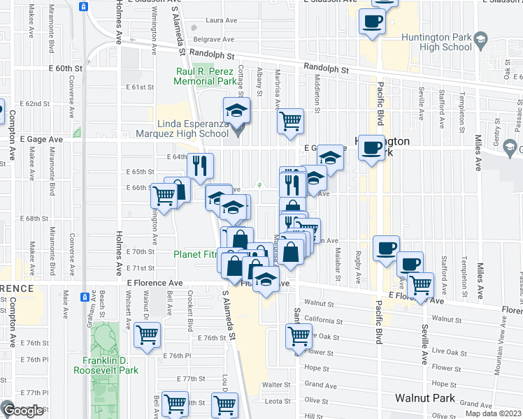 map of restaurants, bars, coffee shops, grocery stores, and more near 2208 Mortimer Avenue in Huntington Park
