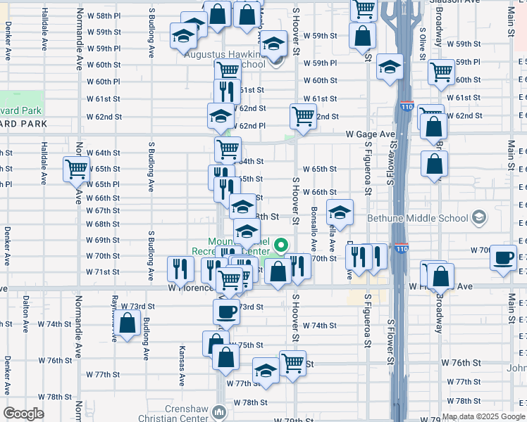 map of restaurants, bars, coffee shops, grocery stores, and more near 834 West 68th Street in Los Angeles