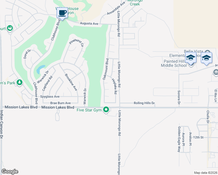 map of restaurants, bars, coffee shops, grocery stores, and more near 64860 Burke Court in Desert Hot Springs