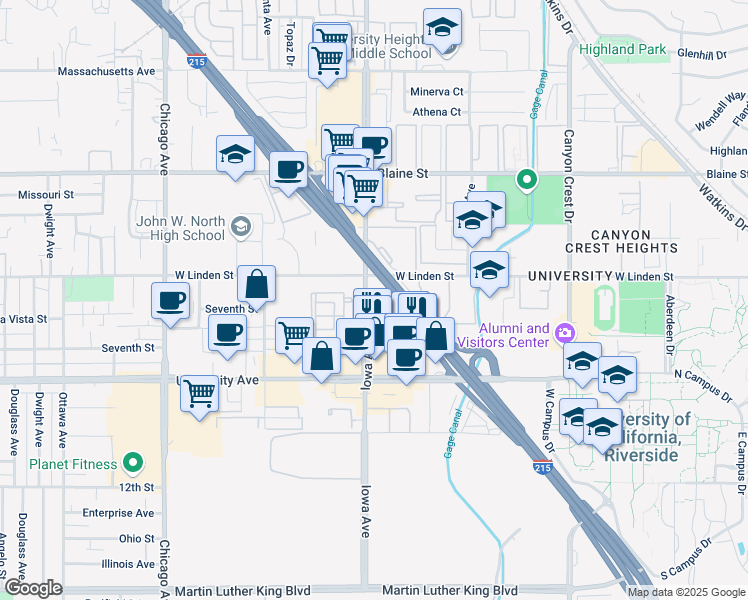 map of restaurants, bars, coffee shops, grocery stores, and more near 1277 University Avenue in Riverside