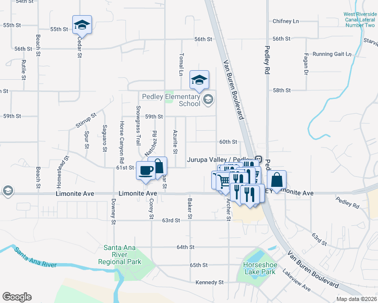 map of restaurants, bars, coffee shops, grocery stores, and more near 6060 Scheelite Street in Riverside