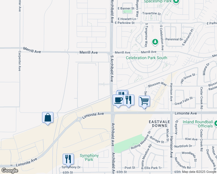 map of restaurants, bars, coffee shops, grocery stores, and more near 14930-15298 South Archibald Avenue in Ontario