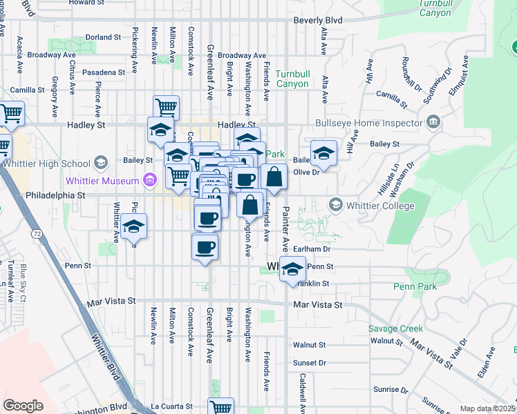 map of restaurants, bars, coffee shops, grocery stores, and more near 7032 Washington Avenue in Whittier