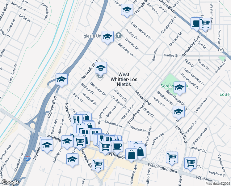 map of restaurants, bars, coffee shops, grocery stores, and more near 7503 Glengarry Avenue in Whittier