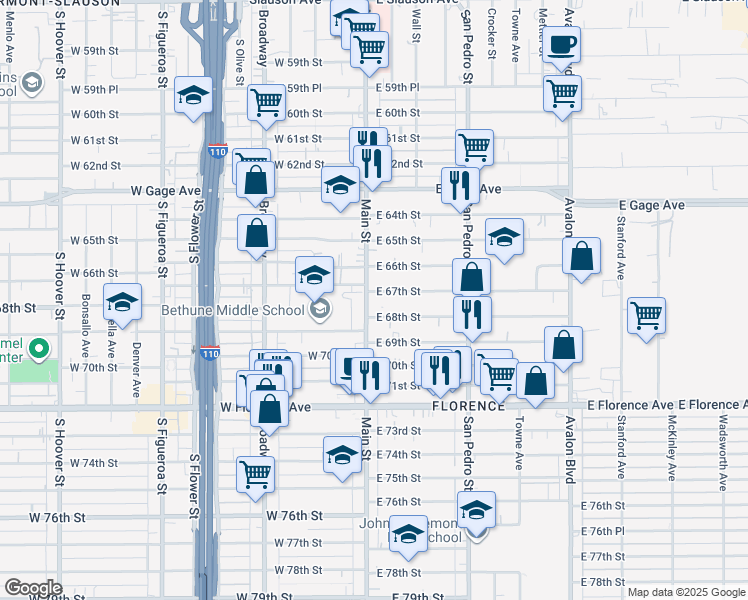 map of restaurants, bars, coffee shops, grocery stores, and more near 6722 South Main Street in Los Angeles