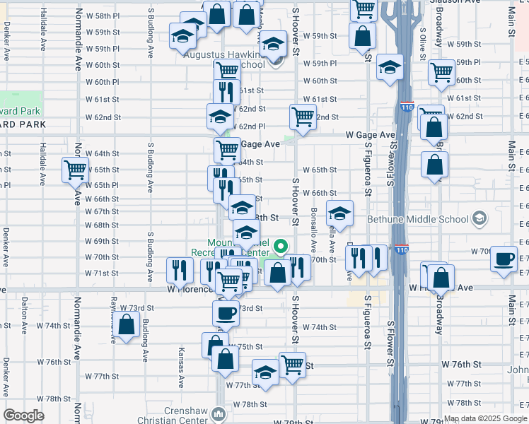 map of restaurants, bars, coffee shops, grocery stores, and more near 834 West 68th Street in Los Angeles