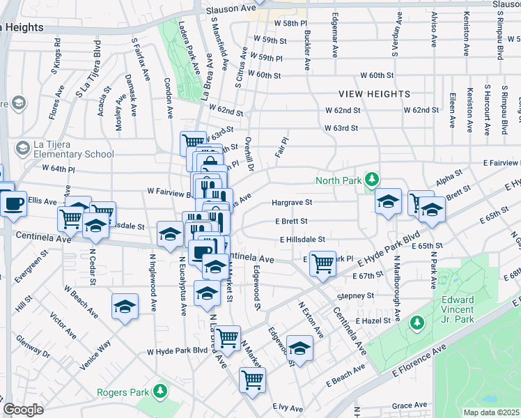 map of restaurants, bars, coffee shops, grocery stores, and more near 339 East Brett Street in Inglewood