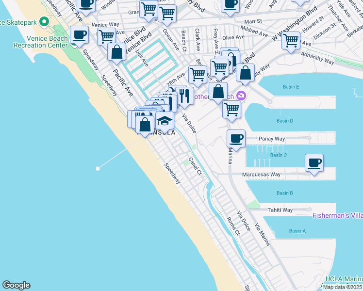 map of restaurants, bars, coffee shops, grocery stores, and more near 3400 Pacific Avenue in Marina del Rey