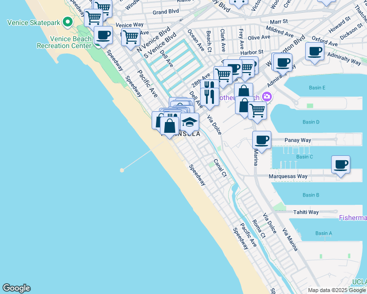 map of restaurants, bars, coffee shops, grocery stores, and more near 10 Speedway in Marina del Rey