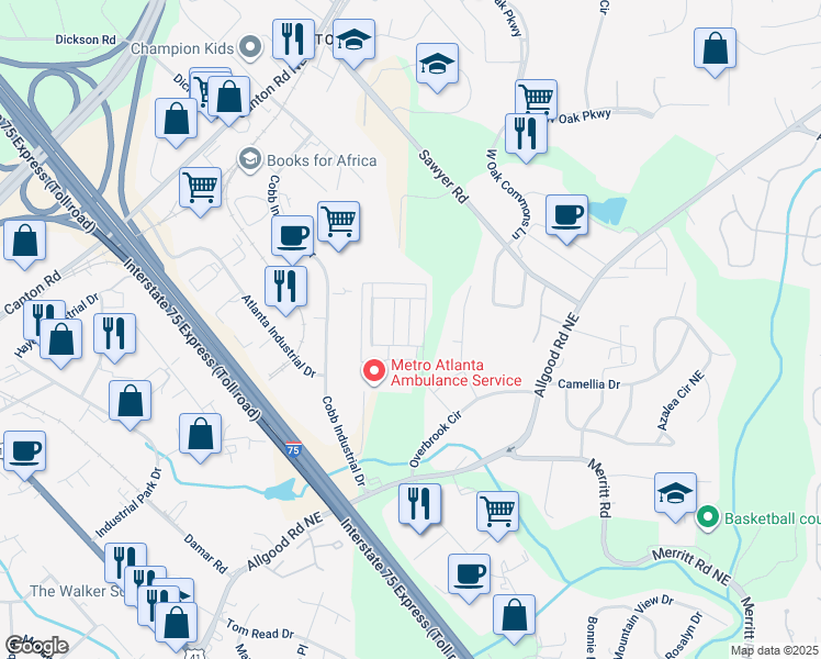 map of restaurants, bars, coffee shops, grocery stores, and more near 841 South Commons Road in Marietta