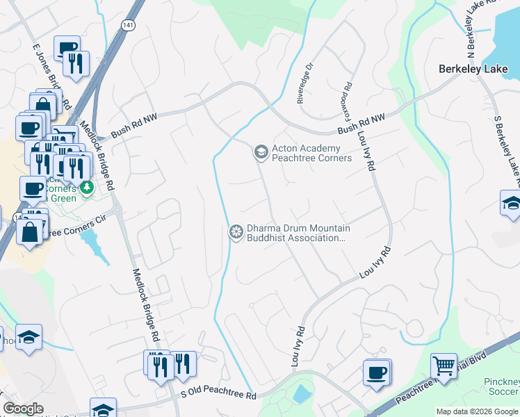 map of restaurants, bars, coffee shops, grocery stores, and more near 4917 Dillards Mill Way in Duluth