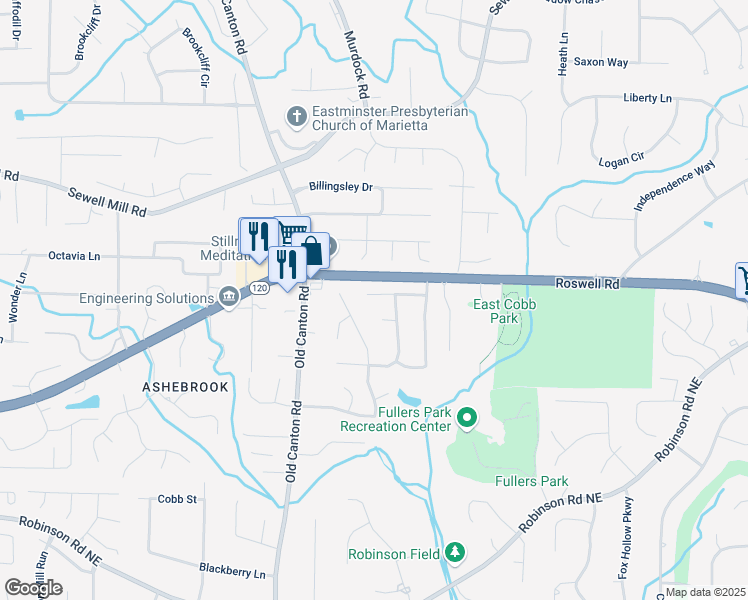 map of restaurants, bars, coffee shops, grocery stores, and more near 3262 Mitsy Forest Way Northeast in Marietta