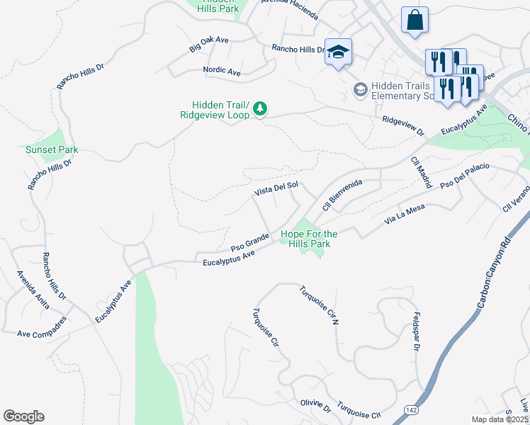 map of restaurants, bars, coffee shops, grocery stores, and more near 15115 Calle Barcelona in Chino Hills