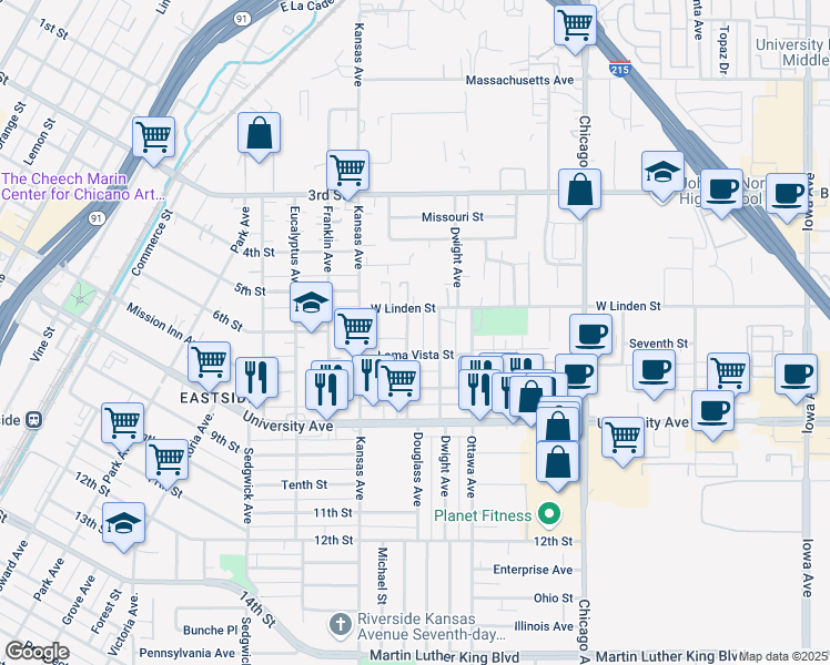 map of restaurants, bars, coffee shops, grocery stores, and more near 3554 Douglass Avenue in Riverside