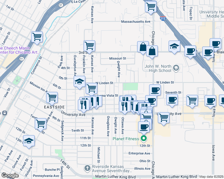 map of restaurants, bars, coffee shops, grocery stores, and more near 3549 Dwight Avenue in Riverside