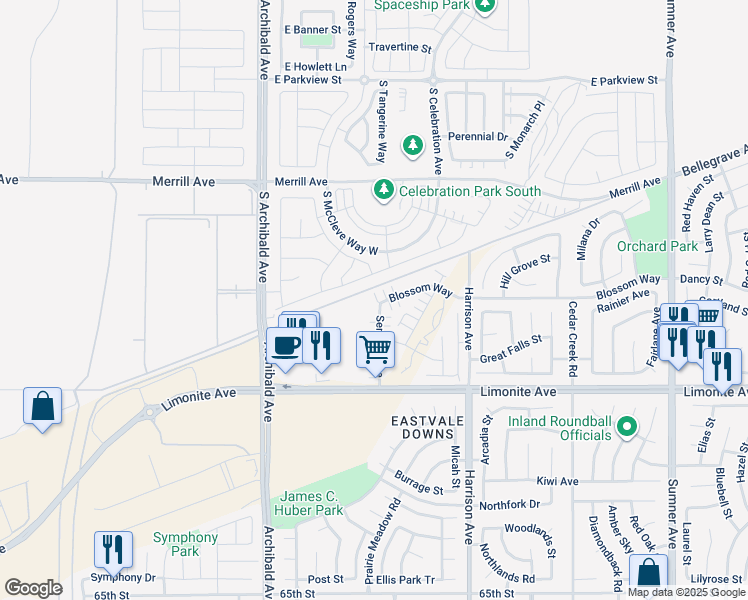 map of restaurants, bars, coffee shops, grocery stores, and more near 5918 Sendero Avenue in Eastvale