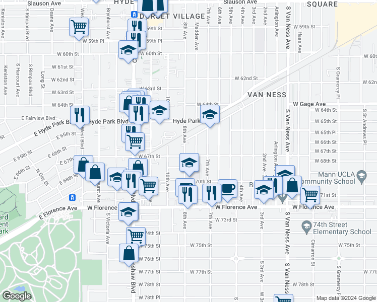 map of restaurants, bars, coffee shops, grocery stores, and more near 6648 8th Avenue in Los Angeles