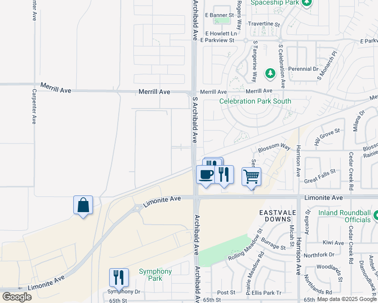 map of restaurants, bars, coffee shops, grocery stores, and more near 5150 South Archibald Avenue in Ontario