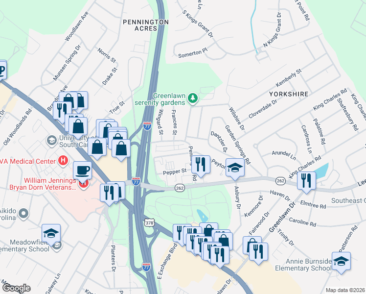 map of restaurants, bars, coffee shops, grocery stores, and more near 1 Braiden Manor Road in Columbia
