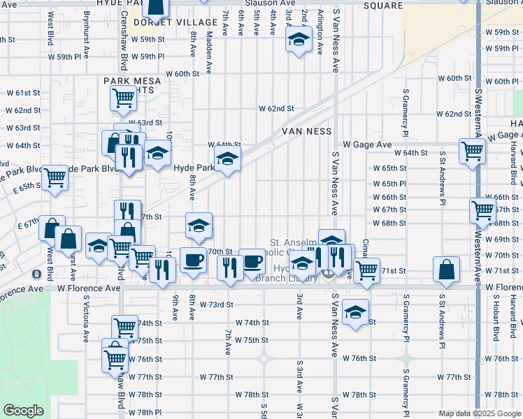 map of restaurants, bars, coffee shops, grocery stores, and more near 6622 5th Avenue in Los Angeles