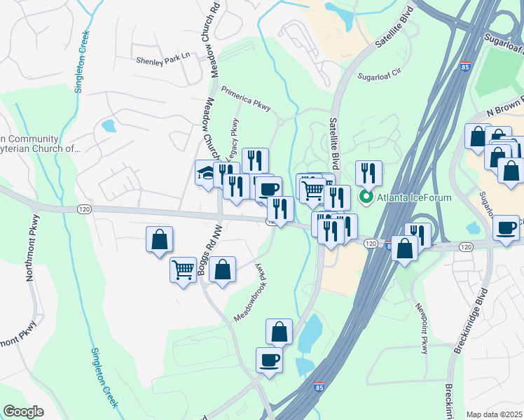 map of restaurants, bars, coffee shops, grocery stores, and more near 2200 Duluth Highway in Duluth