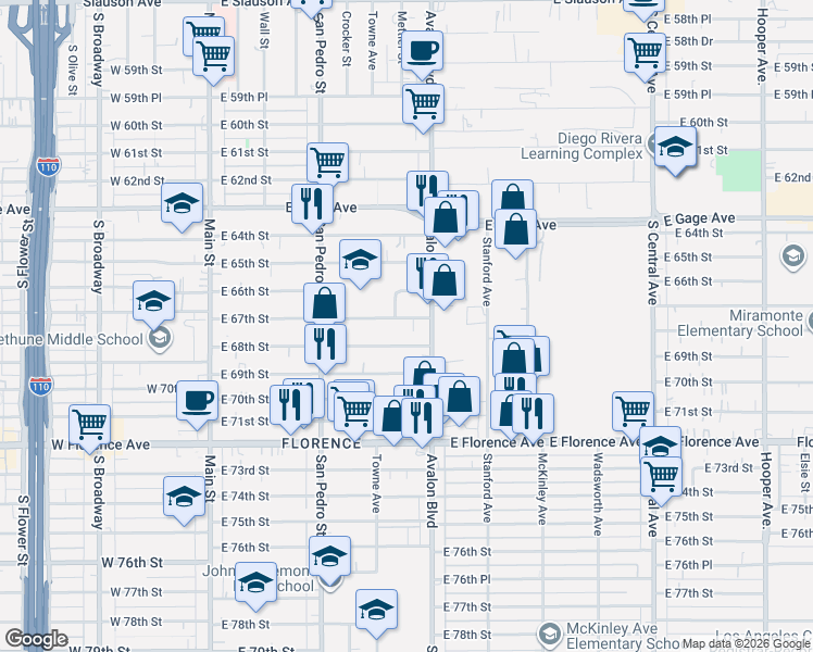 map of restaurants, bars, coffee shops, grocery stores, and more near 504 East 67th Street in Los Angeles