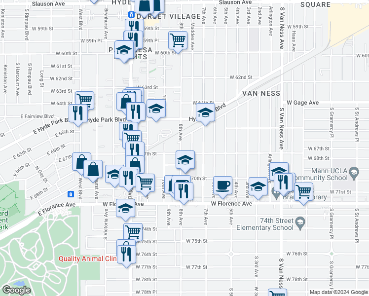 map of restaurants, bars, coffee shops, grocery stores, and more near 6648 8th Avenue in Los Angeles