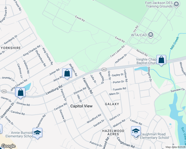 map of restaurants, bars, coffee shops, grocery stores, and more near 7012 Julia Street in Columbia