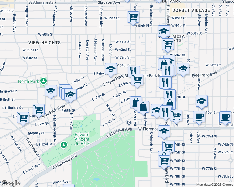 map of restaurants, bars, coffee shops, grocery stores, and more near 1034 East 66th Street in Inglewood