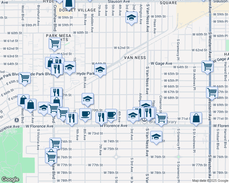map of restaurants, bars, coffee shops, grocery stores, and more near 6622 5th Avenue in Los Angeles