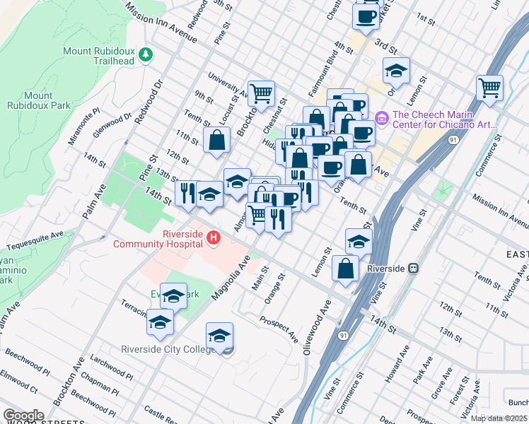 map of restaurants, bars, coffee shops, grocery stores, and more near 4293 Market Street in Riverside