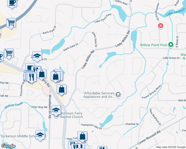map of restaurants, bars, coffee shops, grocery stores, and more near 1171 Clarendon Drive in Marietta