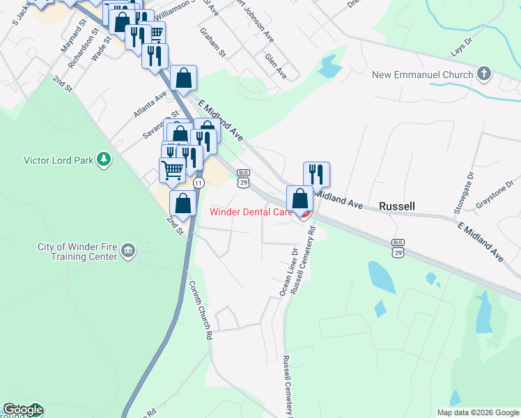 map of restaurants, bars, coffee shops, grocery stores, and more near 25 Lighthouse Drive in Winder