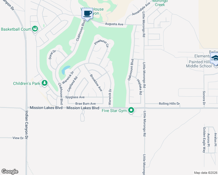 map of restaurants, bars, coffee shops, grocery stores, and more near 9625 Warwick Drive in Desert Hot Springs