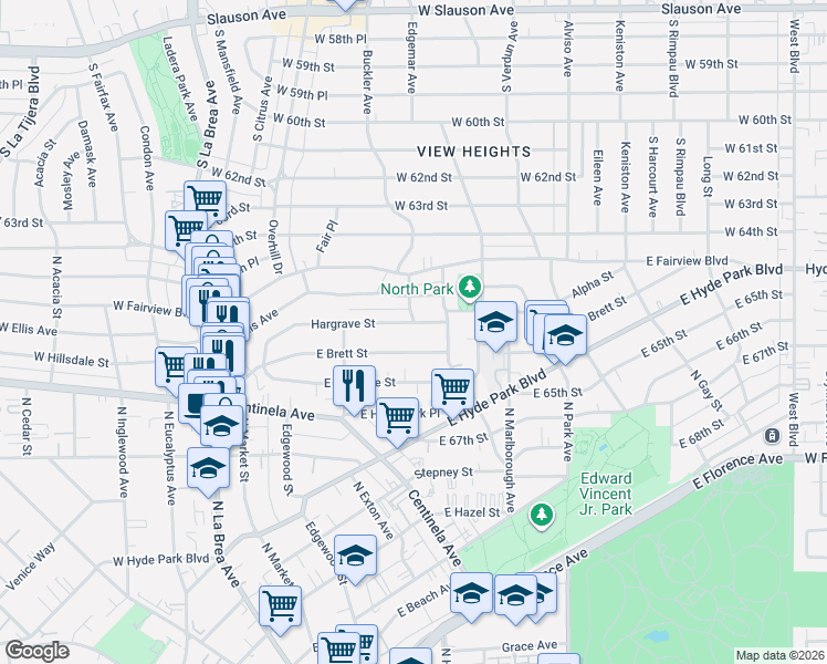 map of restaurants, bars, coffee shops, grocery stores, and more near 563 East Brett Street in Inglewood