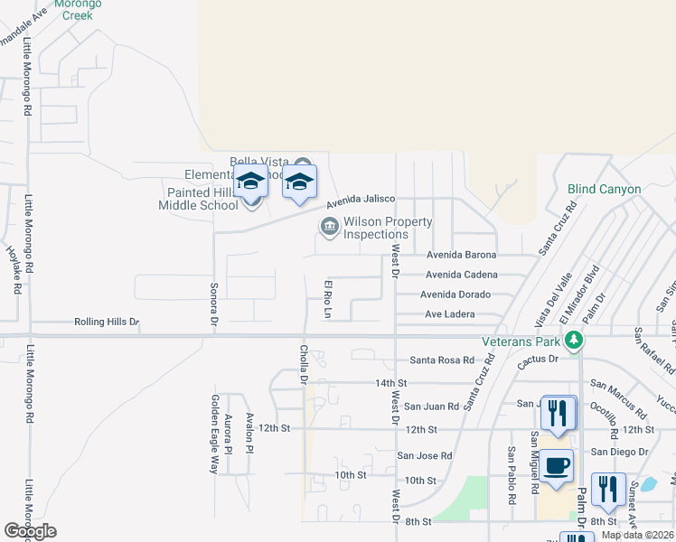 map of restaurants, bars, coffee shops, grocery stores, and more near 65836 Avenida Cadena in Desert Hot Springs