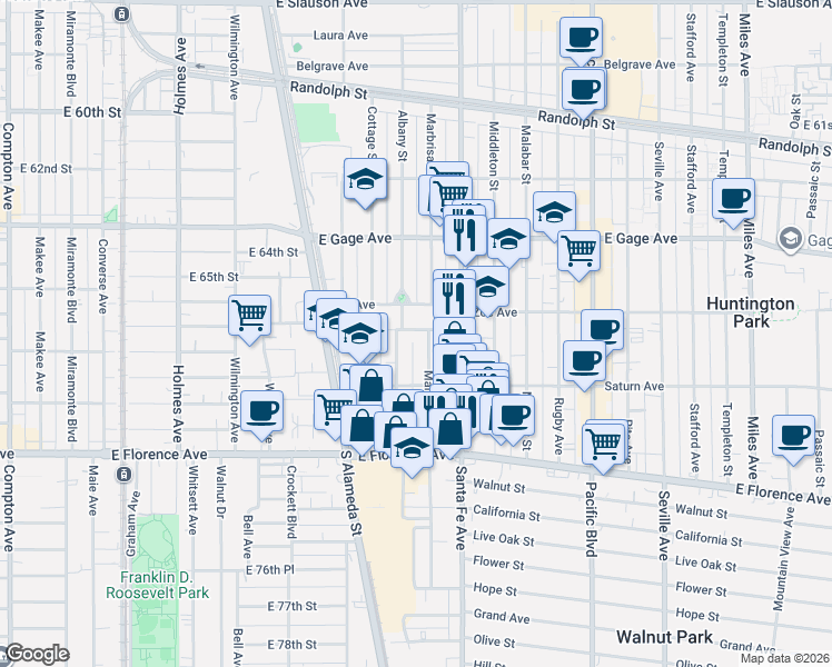 map of restaurants, bars, coffee shops, grocery stores, and more near 2224 Mortimer Avenue in Huntington Park