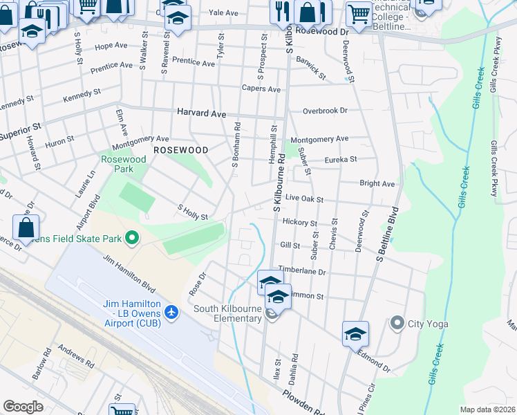 map of restaurants, bars, coffee shops, grocery stores, and more near 3700 Hickory Street in Columbia