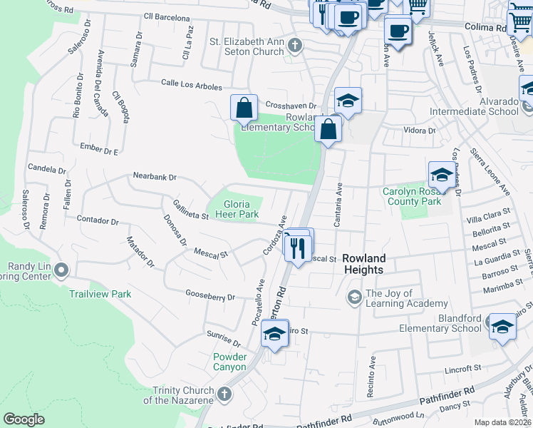 map of restaurants, bars, coffee shops, grocery stores, and more near 2311 Cordoza Avenue in Rowland Heights