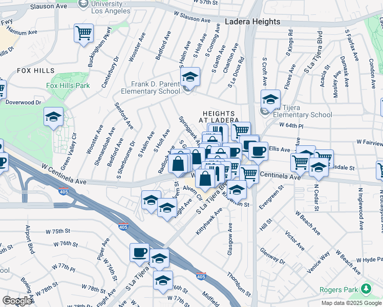 map of restaurants, bars, coffee shops, grocery stores, and more near 6740 South Garth Avenue in Los Angeles