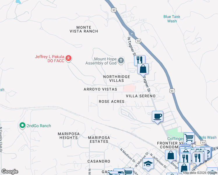 map of restaurants, bars, coffee shops, grocery stores, and more near 890 North Poppy Street in Wickenburg