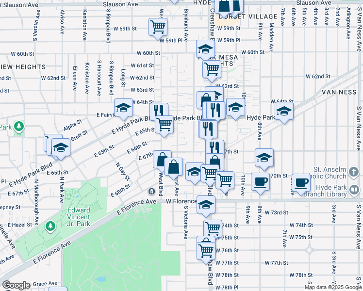map of restaurants, bars, coffee shops, grocery stores, and more near 6610 Brynhurst Avenue in Los Angeles