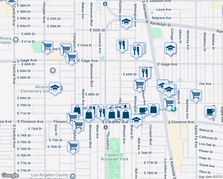 map of restaurants, bars, coffee shops, grocery stores, and more near 1735 East 68th Street in Los Angeles