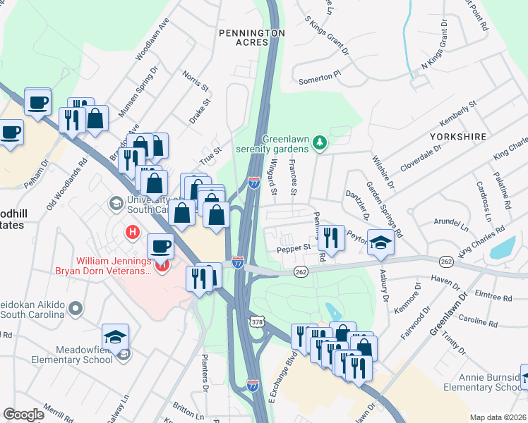 map of restaurants, bars, coffee shops, grocery stores, and more near 774 Peyton Road in Columbia