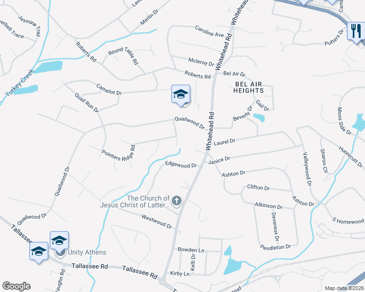 map of restaurants, bars, coffee shops, grocery stores, and more near 165 Hunters Pointe Drive in Athens