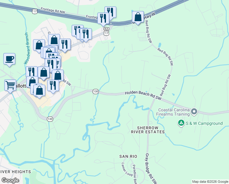 map of restaurants, bars, coffee shops, grocery stores, and more near 299 Holden Beach Road Southwest in Shallotte