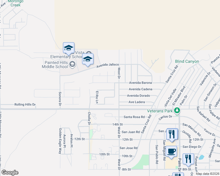 map of restaurants, bars, coffee shops, grocery stores, and more near 65951 Avenida Cadena in Desert Hot Springs